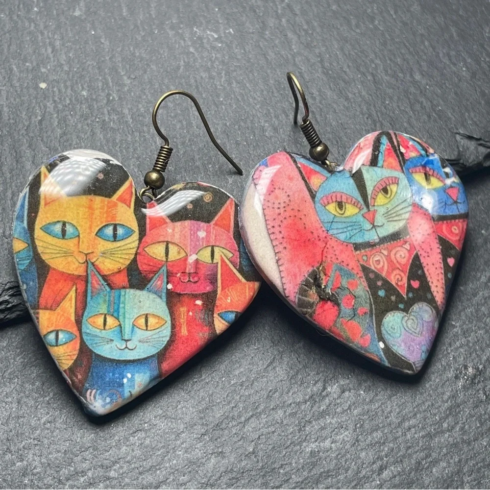 Laurel Burch Inspired Colorful Cat Heart Handmade Clay Earrings